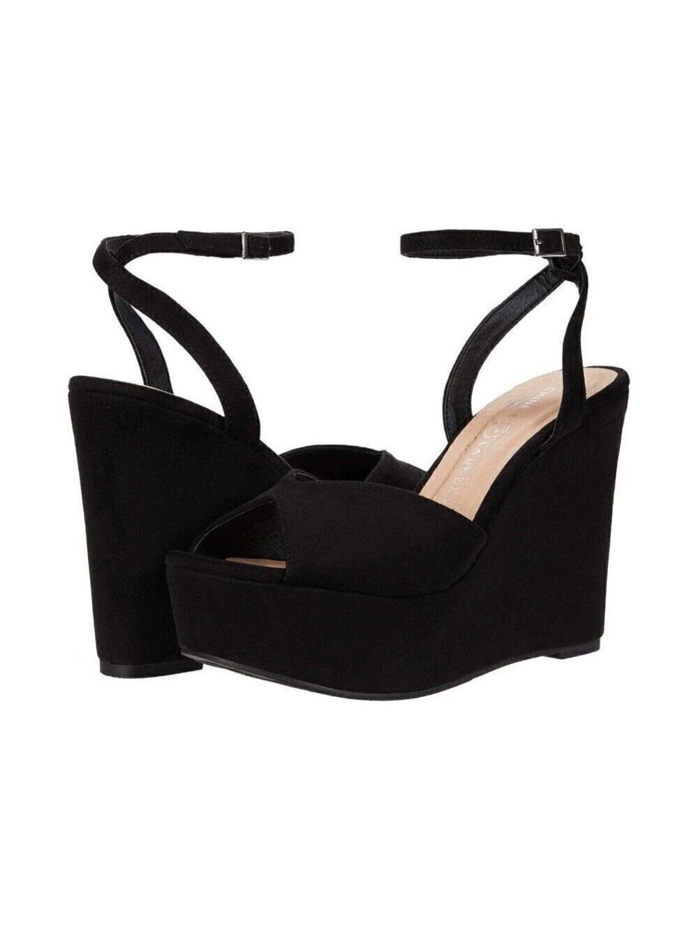CHINESE Laundry "Erga" Wedge Suede Black Sandals Womens Size 8.5 New